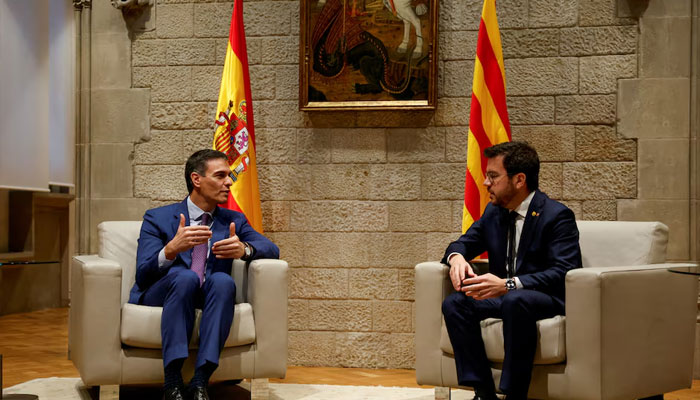 Spains Prime Minister Pedro Sanchez and Catalonias President Pere Aragones meet at Palau de la Generalitat in Barcelona, Spain December 21, 2023. — Reuters