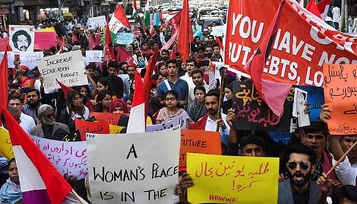 Protesters take part in a demonstration demanding the reinstatement of student unions in Karachi. — AFP/File