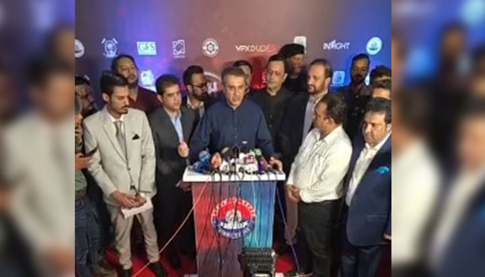 Sindh Inspector General of Police (IGP) Ghulam Nabi Memon (centre) speaks to the media on the premiere of a film based on KPO attack in this image released on August 3, 2024. — Screengrab via Facebook/Sindh Police