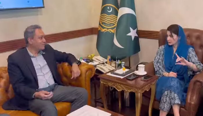 Punjab Chief Minister Maryam Nawaz (right) meets with Secretary of Emergency Services Dr Rizwan Naseer on August 3, 2024. — Screengrab via Facebook/Maryam Nawaz Sharif