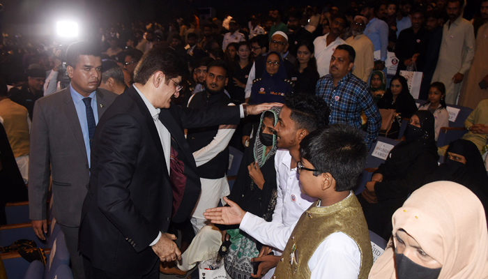 CM Sindh Syed Murad Ali Shah meets families of martyrs of Sindh police at a Youm-e-Shuhada event in Karachi on August 4, 2024. — Facebook/@SindhCMHouse