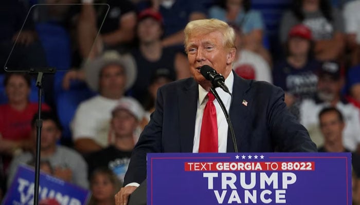 Republican presidential nominee and former U.S. President Donald Trump speaks during a campaign rally in Atlanta, Georgia, U.S. on August 3, 2024. — Reuters