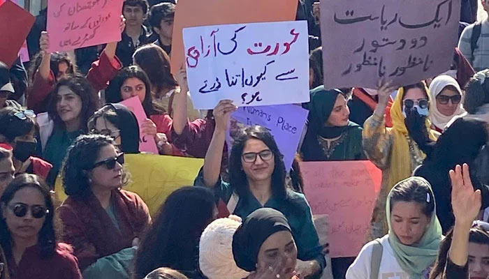 Women participating in the Aurat March in Islamabad on Mar 8, 2024. — Facebook@auratmarchisb