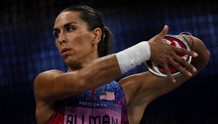 United States Valarie Allman competes in the womens discus throw final of the athletics event at the Paris 2024 Olympic Games in Paris on August 5, 2024. — AFP