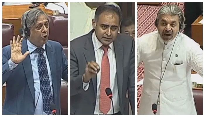 From left to right) Federal Law Minister Azam Nazeer Tarar, PML-N lawmaker Bilal Azhar Kiyani and PTI leader Ali Muhammad Khan speak during a NA session on August 6, 2024. — Screengrab via Geo News