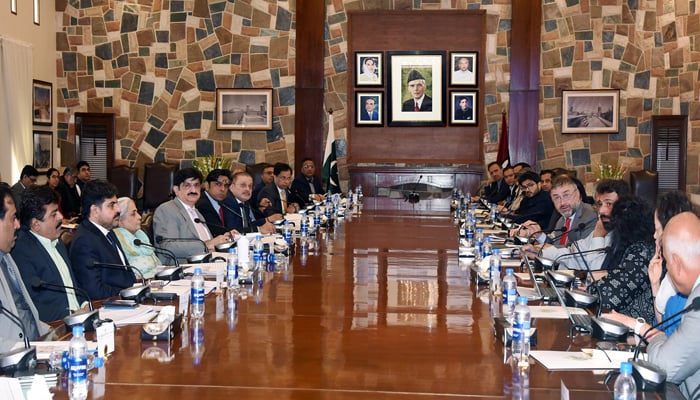 Sindh Chief Minister Syed Murad Ali Shah (5th left) and the World Bank high power team led by its Country Director Mr Najy Benhassine seen in this image. — Facebook/@SindhCMHouse/file