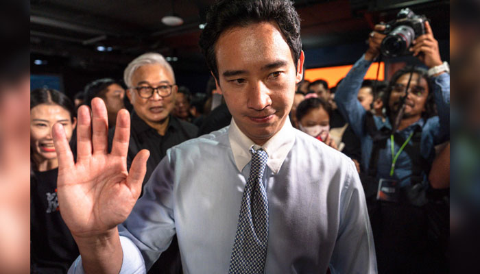 Former Thai prime ministerial candidate and ex-Move Forward Party (MFP) leader Pita Limjaroenrat waves at the party headquarters in Bangkok on August 7, 2024.— AFP