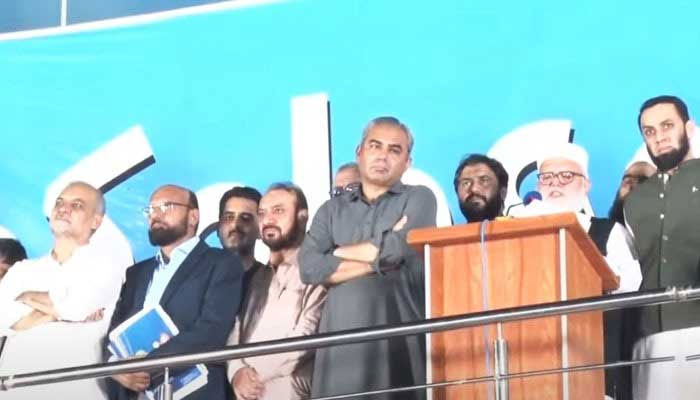 JI leader Liaquat Baloch present at stage along with governments negotiation committee on August 8, 2024. — Screengrab