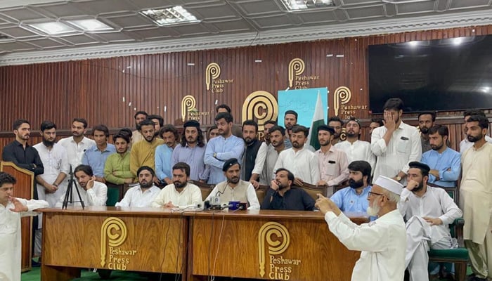 ISF Khyber Pakhtunkhwa President Ashfaq Marwat holding a press conference with his members at Peshawar Press Club on August 9, 2024. — Facebook/@InsafStudentsFederationOfficial