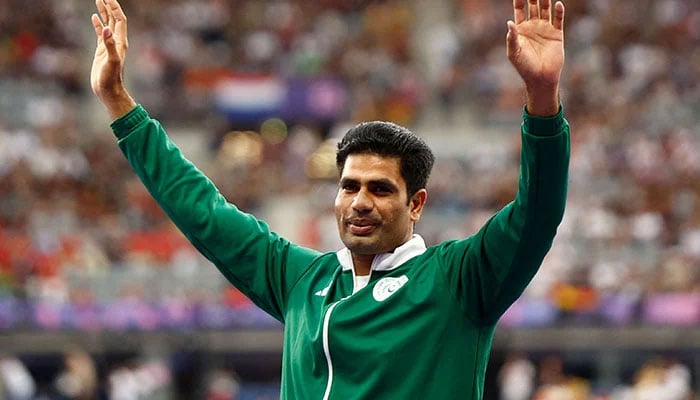 Arshad Nadeem reacts after winning the gold medal in the Mens Javelin Throw final event in Paris Olympics 2024 at Stade de France, Saint-Denis, France on August 08, 2024. — Reuters