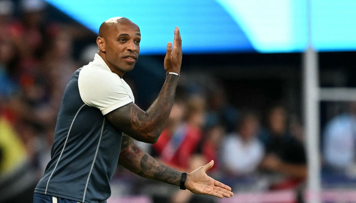 Frances coach Thierry Henry reacts in the mens gold medal final football match between France and Spain during the Paris 2024 Olympic Games in Paris on August 9, 2024. — AFP