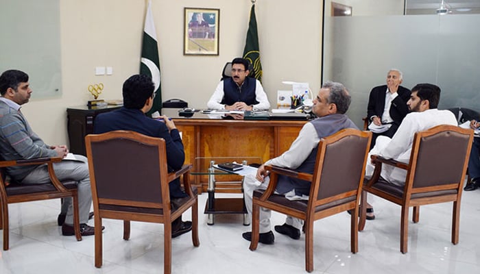 Secretary Youth Affairs Punjab Muzaffar Khan Sial (centre) chairs a meeting with Director General Youth Affairs and Sports Punjab Pervez Iqbal (2nd right) and other officials are present during the meeting image released on March 15, 2024. — Facebook/@Directorate General Sports & Youth Affairs, Punjab