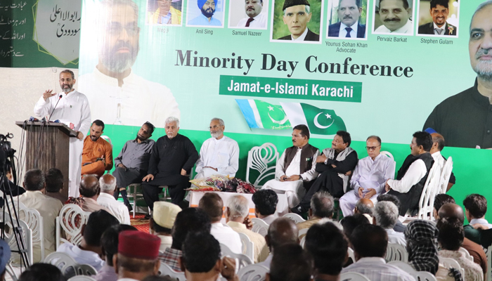 JI Karachi Emir Munem Zafar is expressing his views to the participants on the services of minorities on the occasion of National Minority Day at idara-e-noorhaq under Minority Wing of Jamaat-e-Islami image released on August 11, 2024. — Facebook/@Khijamaat