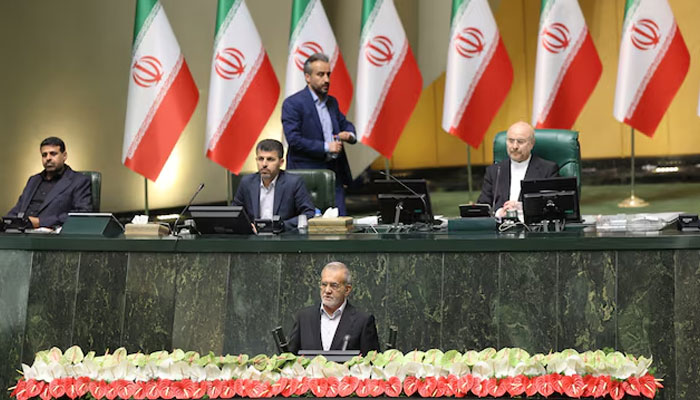 Iranian President Masoud Pezeshkian speaks during his swearing-in ceremony at the parliament in Tehran, Iran on July 30, 2024. — Reuters