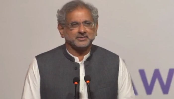 Former Prime Minister Shahid Khaqan Abbasi addresses a ceremony to unveil the manifesto document of his newly formed Awam Pakistan Party (APP) on August 11, 2024. — screengrab via Facebook/Awam Pakistan Party