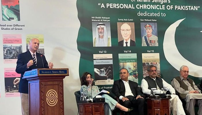 Senator Mushahid Hussain Sayed (left) speaks at an event lauding author Ikram Sehgals works in Islamabad in this image released on August 11, 2024. — Facebook/Mushahid Hussain Sayed