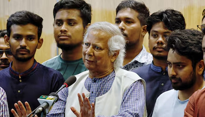 Bangladeshs interim governments Chief Adviser Nobel laureate Muhammad Yunus speaks during a press briefing at the Hazarat Shahjalal International Airport, in Dhaka, Bangladesh on August 8, 2024. — Reuters