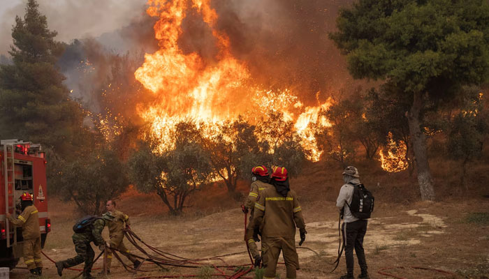 Firefighters and volunteers try to tackle a wildfire burning in the village of Hasia, near Athens, Greece August 22, 2023. — Reuters