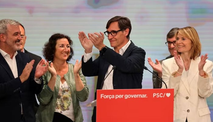 Socialist Party of Catalonia (PSC) candidate Salvador Illa applauds on the day of Catalonias regional election, in Barcelona, Spain on May 12, 2024. — Reuters