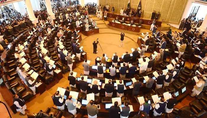 An inside view of the Khyber Pakhtunkhwa (KP) Assembly in Peshawar on February 28, 2024. — INP