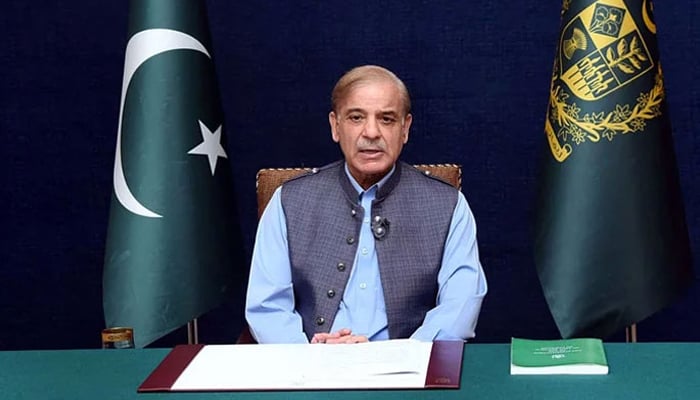 Prime Minister Shehbaz Sharif speaks to the nation in this undated image. — APP/File