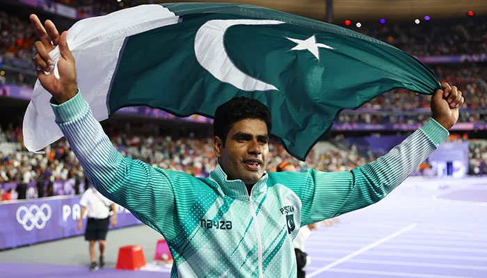 Javelin ace Arshad Nadeem celebrates after winning gold medal, Paris 2024 Olympics, Mens Javelin Throw Final, Stade de France, Saint-Denis, France, August 08, 2024. — Reuters