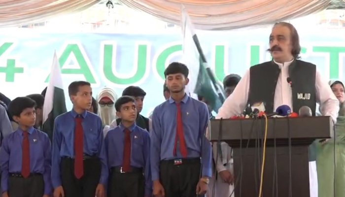 Khyber Pakhtunkhwa Chief Minister Sardar Ali Amin Khan Gandapur addressing during a ceremony held at the Civil Secretariat to mark the 77th Independence Day of Pakistan on August 14, 2024. — Screengrab/Facebook/@KPChiefMinister