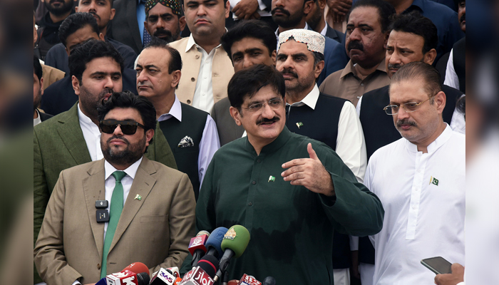 On this occasion of the 77th Independence Day, Sindh Chief Minister Syed Murad Ali Shah is addressing the media at  Mazar-e-Quaid Karachi. Sindh Governor Kamran Tessori, Minister for Information and Narcotics Control Sharjeel Inam Memon, Sindh Energy Minister Syed Nasir Hussain Shah  and others are present on August 14, 2024. — Facebook/@SindhCMHouse