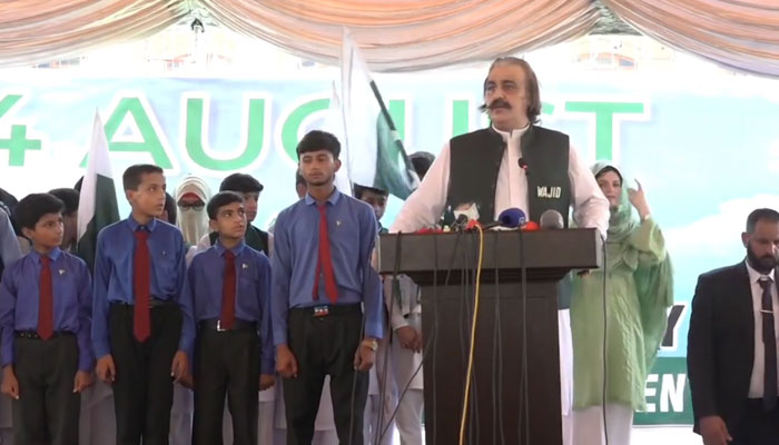 Khyber Pakhtunkhwa Chief Minister Sardar Ali Amin Khan Gandapur addresses a ceremony at the Civil Secretariat to mark the 77th Independence Day of Pakistan on August 14, 2024. — Screengrab via Facebook/Ali Amin Khan Gandapur