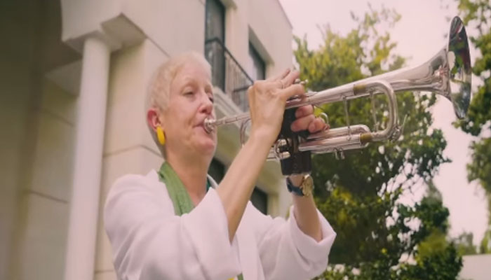 European Union (EU) envoy Dr Riina Kionka performs the national anthem on trumpet as a special tribute on August 14, 2024. — Screengrab via Instagram/@geonewsdottv