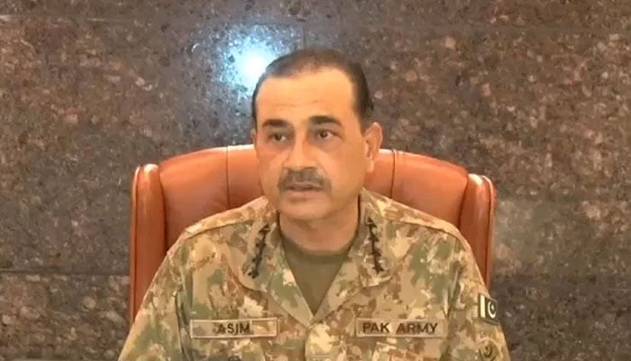 Chief of Army Staff (COAS) General Syed Asim Munir addresses the 262nd Corps Commanders Conference at GHQ on January 31, 2024, in this still taken from a video. — ISPR