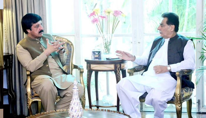 Punjab Governor Sardar Saleem Haider (left) on the occasion of meeting Speaker National Assembly Sardar Ayaz Sadiq (right) released on August 16, 2024. — X/@SaleemHaiderPPP