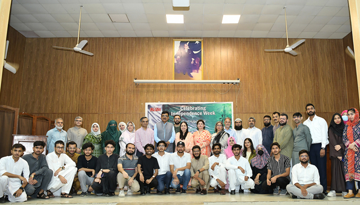 UVAS Vice Chancellor Meritorious Prof Dr Muhammad Younus, Dean Faculty of veterinary science Prof Dr Aneela Durrani, faculty members and others pose for a group photo at the end of competitions in connection with Independence Day celebrations in this image released on August 16, 2024. — Facebook/@UVAS.Pakistan