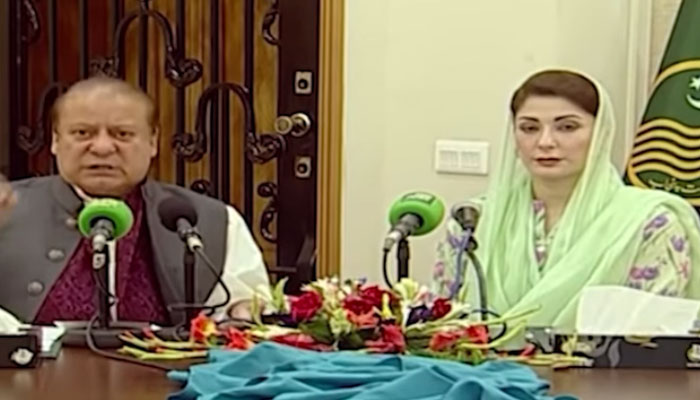 PMLN President Nawaz Sharif  (left) and Punjab Chief Minister Maryam Nawaz address a press conference on August 16, 2024. — Facebook/PML(N)