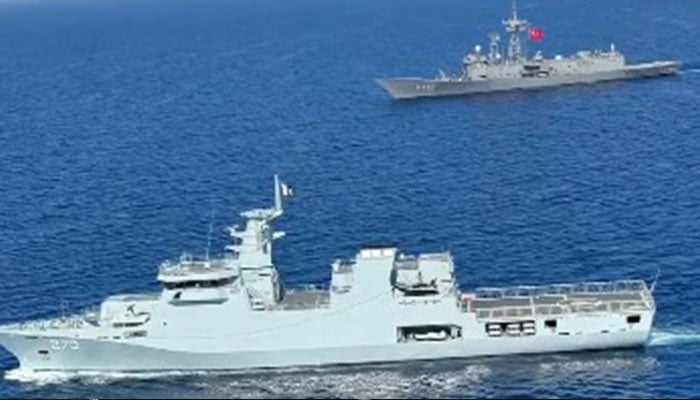 Newly commissioned Pakistan Navy Ship HUNAIN (front) pictured alongside Turkish Coast Guards TCG GELIBOLU during exercise EX TURGUTREIS-X in this image released on August 15, 2024. — Screengrab via X/@dgprPaknavy