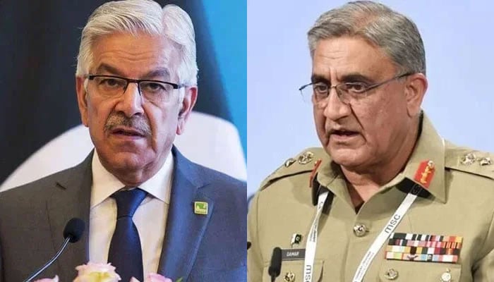 This combo of images shows  Defence Minister Khawaja Asif (left) and former army chief General (retd) Qamar Javed Bajwa. — AFP/File