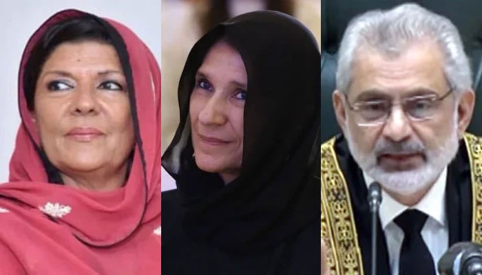 This collage of images shows, PTI founding chairman Imran Khans sisters Aleema Khan (left), Uzma Khan (centre) and Chief Justice of Pakistan (CJP) Qazi Faez Isa (right). — Namal Knowledge City/PPI/File