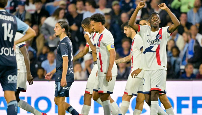 Ousmane Dembélé (right) celebrates after scoring Paris Saint-Germains second goal on August 16, 2024.— AFP