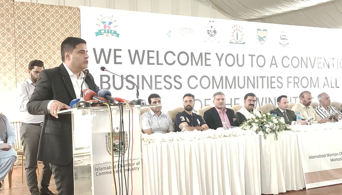 ICCI President Ahsan Zafar Bakhtawari addressing the participants of the All Level Business Community Convention in the Twin Cities regarding the decision of the Supreme Court of Pakistan regarding the closure of Monal and La Montana on August 13, 2024. — Screengrab Facebook/@IslamabadChamber