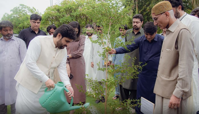 Chairman District Council Sukkur Syed Kumail Hyder Shah is giving water after planting saplings in the  “Sarsabz Sukkur” campaign in IBA Sukkur.  Vice Chancellor Sukkur IBA University Prof Dr. Asif Ahmed Shaikh and others are present on August 17, 2024. — Facebook/@SukkurIBA.University