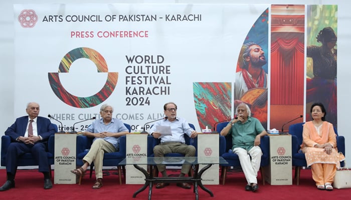 Arts Council President Muhammad Ahmad Shah (centre) is addresses a press conference as renowned writer Anwar Maqsood (second right) and others attend the World Culture Festival Karachi 2024 on August 17, 2024. — Facebook/@ACPKHI