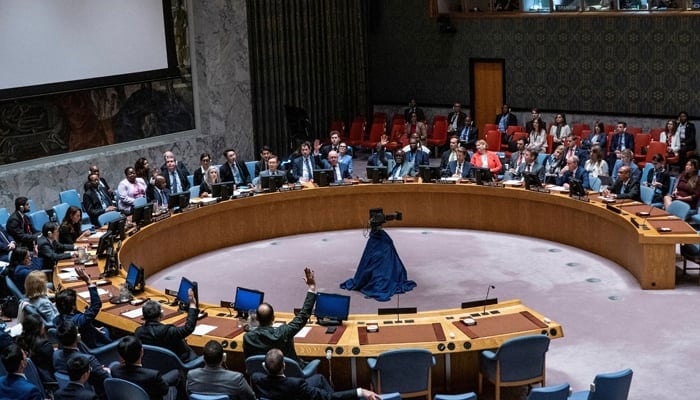 Members of the United Nations Security Council vote on a resolution on non-proliferation during a meeting on the maintenance of International Peace and Security Nuclear disarmament and non-proliferation at UN headquarters in New York City on May 20, 2024. — Reuters