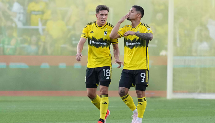 Cucho Hernandez #9 of the Columbus Crew celebrates a goal in the first half against Aston Villa in Columbus on July 27, 2024. — AFP