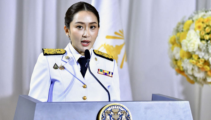 This handout picture released and taken by the Royal Thai Government on August 18, 2024, shows Paetongtarn Shinawatra, known by her nickname Ung Ing speaking during the royal endorsement ceremony appointing her as Thailands new prime minister in Bangkok. — AFP