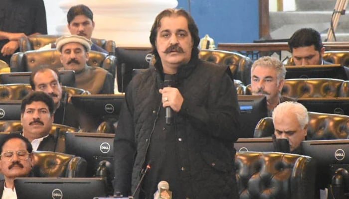 In this photo, the Chief Minister of Khyber Pakhtunkhwa Ali Amin Gandapur addresses the provincial assembly on March 2, 2024. — Facebook/Ali Amin Khan Gandapur