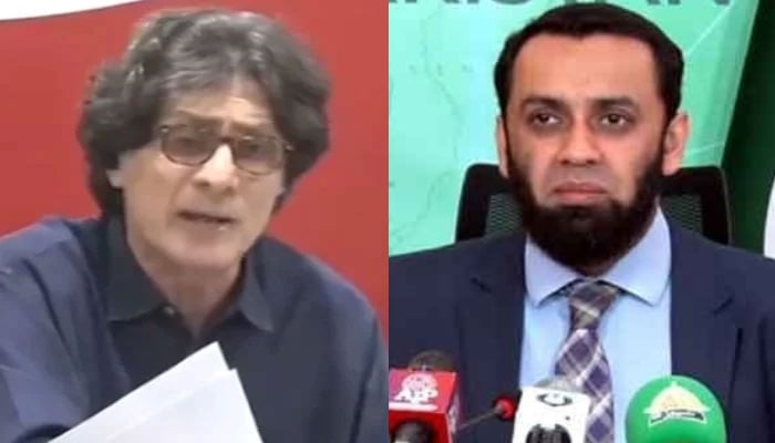 This combo of images shows, PTI spokesperson Raoof Hasan (left) and Federal Minister for Information and Broadcasting Attaullah Tarar (right). — State media/Screengrab/Geo News/File