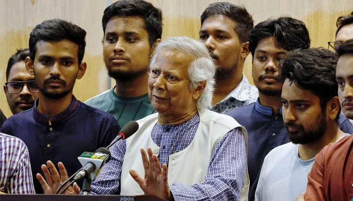 Nobel laureate and Bangladeshs interim governments Chief Adviser Muhammad Yunus speaks during a press briefing at the Hazarat Shahjalal International Airport, in Dhaka, Bangladesh, on August 8, 2024. — Reuters