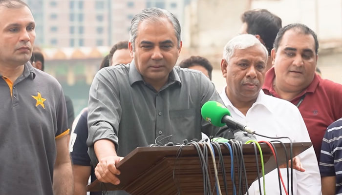 Chairman Pakistan Cricket Board (PCB) Mohsin Naqvi talks to the media at Gaddafi Stadium on August 19, 2024. — Screengrab via Facebook/Pakistan Cricket Team