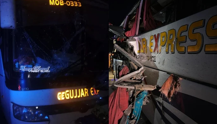 A collage of two pictures of the ill-fated bus, from different angles, involved in the accident in Ghotki on August 19, 2024. — Reporter