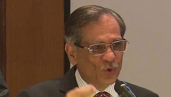 Former Supreme Court chief justice Saqib Nisar speaks at an event in this undated image. — APP/File